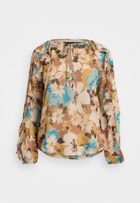 Blomsterbluse laget av lett stoff, med rund hals, knytebånd og lange, innsamlede ermer. Fargene inkluderer beige, brun og blå.