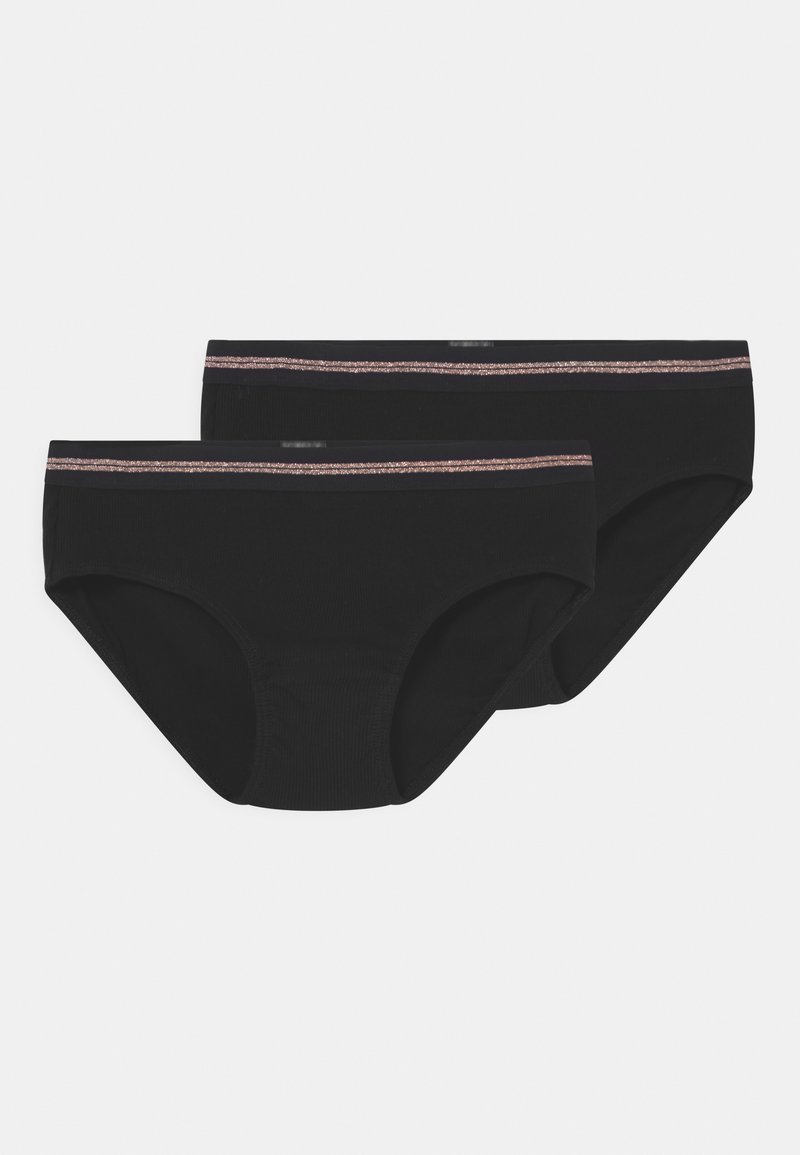 Culottes en coton noir avec une texture lisse, dotées d'une ceinture élastique contrastante avec des accents métalliques. Livrées en paquets de deux.