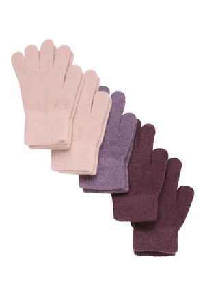 Cinq paires de gants en tricot disposées du rose clair au violet foncé, présentant une texture douce et des poignets à volants.