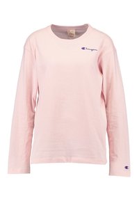 Lys pink langærmet T-shirt med rund hals og lille Champion-logo på brystet og ærmeåbningen, størrelse Small.