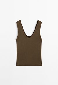 Bruine tanktop met een diepe V-hals en ruwe randen, plat gelegd op een effen witte achtergrond.