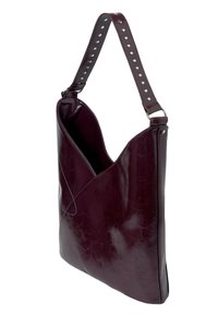 Dark purple leather shoulder bag with wide studded strap and a slightly curved top opening.