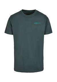 Mørkegrøn bomulds t-shirt med korte ærmer. Har et lille turkist logo på fronten. Klassisk rund hals design, glat tekstur.