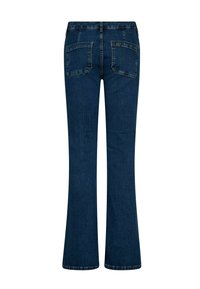 Jeans de mezclilla azul oscuro con corte de pierna acampanada, dos bolsillos traseros y bordado de la marca en el bolsillo derecho.