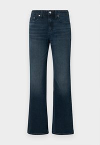 Σκούρα μπλε τζιν με καμπάνα, διαθέτουν φερμουάρ, πέντε τσέπες και διακριτική ξεθώριαση. Κατασκευασμένα από τζιν ύφασμα με ομαλή υφή και ορατές ραφές.