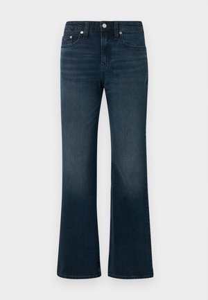 Tamsiai mėlynos platėjančios džinsai su užtrauktuku, penkiomis kišenėmis ir subtiliu blukimu. Pagaminti iš džinsinio audinio su lygiu paviršiumi ir matoma siuvimo linija.