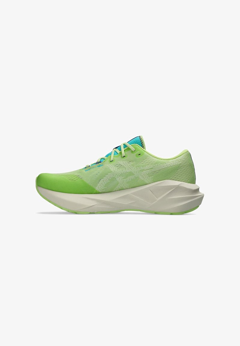 Light green running shoes with a breathable mesh upper, blue laces, and a textured off-white sole. Features a sleek, curved design.