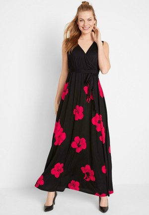 Abito lungo nero con design avvolgente, senza maniche e grandi motivi floreali rosa. Include una cintura coordinata in vita.