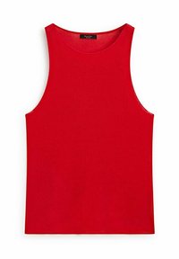 Czerwony bezrękawnik o prążkowanej fakturze, okrągłym dekolcie i prostym wykończeniu. Gładki materiał i prosty design bez wzorów czy ozdób.
