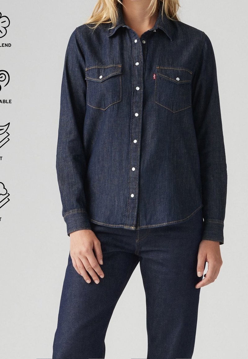 Mörk denimskjorta med långa ärmar, knappstängning fram, två bröstfickor och kontrasterande sömmar. Slät textur, avslappnad design.