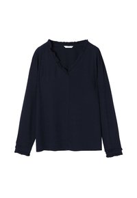 Maglietta a maniche lunghe blu navy con scollo a V, orlo arricciato al colletto e ai polsini, realizzata in un tessuto testurizzato e con una vestibilità comoda.