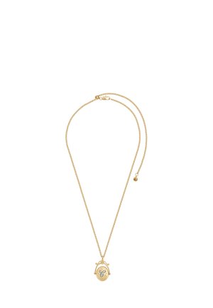 Zlatý náhrdelník s jemným retiazkom, ktorý obsahuje oválny prívesok. Prívesok má modrý akcent a vygravírované vzory na textúrovanej ploche.