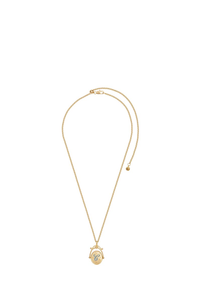 Zlatý náhrdelník s jemným retiazkom, ktorý obsahuje oválny prívesok. Prívesok má modrý akcent a vygravírované vzory na textúrovanej ploche.