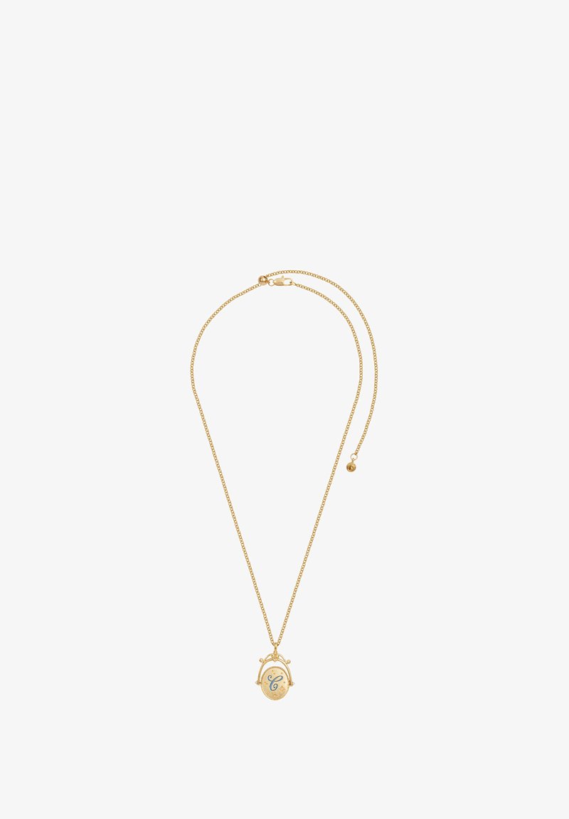 Zlatý náhrdelník s jemným retiazkom, ktorý obsahuje oválny prívesok. Prívesok má modrý akcent a vygravírované vzory na textúrovanej ploche.