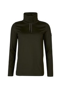 Top de manga larga verde oscuro con cuello alto, con cordones ajustables. Hecho de tela lisa y elástica; diseño minimalista sin estampados.