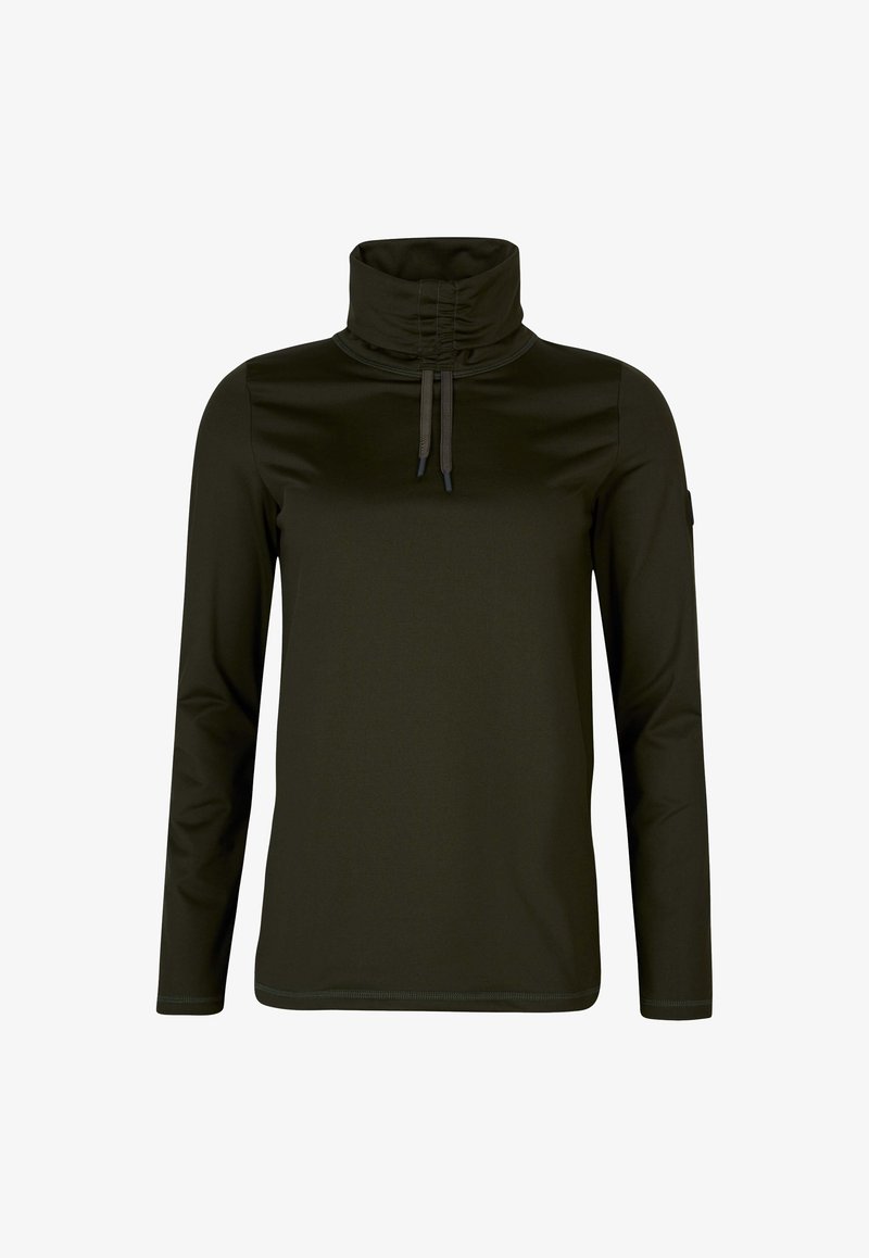 Mørkegrøn bluse med lange ærmer og høj krave, med snoretræk. Fremstillet af glat, elastisk stof; minimalistisk design uden mønstre.