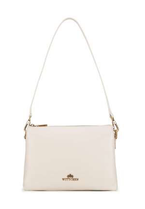 Cream leather crossbody bag with a smooth texture, gold hardware accents, and a zip closure. Features a single adjustable strap and logo detail.