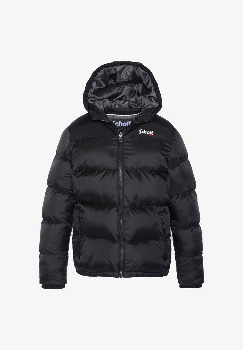 Doudoune noire avec capuche, fabriquée en tissu lisse. Dotée d'une fermeture éclair, de poignets élastiques et d'un logo sur la poitrine. Panneaux texturés sur l'ensemble.