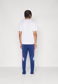 Persona ar pītām matām stāv ar muguru pret jums, valkājot vienkāršu baltu T-kreklu, zilas sporta bikses ar sarkaniem un gaiši zilajiem svītrām, kā arī baltus sporta apavus.