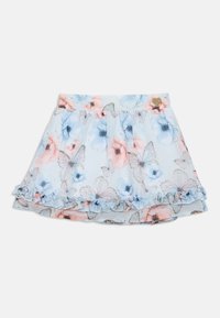 Φλορά λουλουδένια φούστα από ελαφρύ ύφασμα, με ροζ και μπλε λουλούδια και πεταλούδες. Διαθέτει βολάν στο τελείωμα και ελαστική μέση.