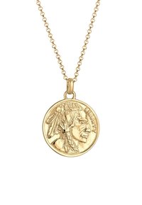 Guldring med vedhæng, der har en cirkulær medaljon med en præget indfødt figur og ordet "LIBERTY." Kæden har små led.