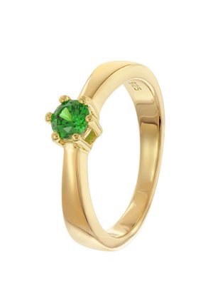 Goldring mit glattem Band, mit einem runden, grünen Edelstein, der in einer sechszackigen Fassung eingesetzt ist. Polierte Oberfläche, einfaches Design.