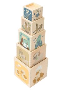 Stacked wooden nesting blocks with colorful animal illustrations including a dog, duck, dinosaur, horse, and rabbit.