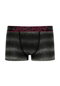 Svarta boxerkalsonger med ett gradientpixelmönster i grått. Har en svart elastisk midjeband med röd "JOCKEY"-logga. Mjuk tygkänsla.