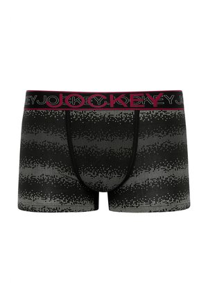 Czarne bokserki z gradientowym wzorem pikseli w odcieniach szarości. Posiadają czarny, elastyczny pasek w talii z czerwonym napisem "JOCKEY". Miękka tekstura materiału.