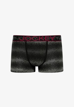 Czarne bokserki z gradientowym wzorem pikseli w odcieniach szarości. Posiadają czarny, elastyczny pasek w talii z czerwonym napisem "JOCKEY". Miękka tekstura materiału.