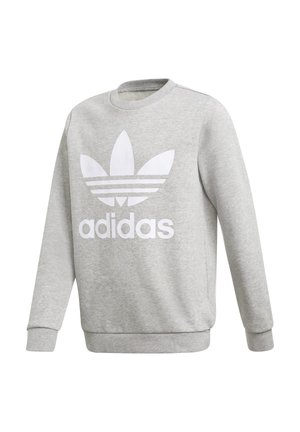 Šedá mikina s kulatým výstřihem, žebrovanými manžetami a lemem. Na hrudi je velké bílé logo Adidas a tři bílé pruhy.