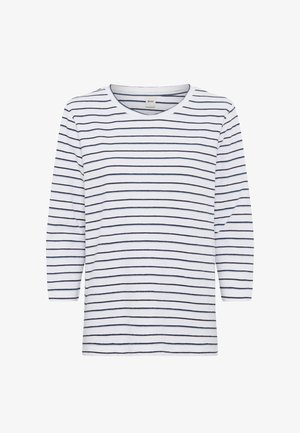 Weißes langärmeliges Hemd mit dünnen horizontalen schwarzen Streifen und rundem Ausschnitt.