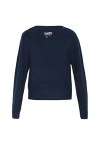 Donkerblauwe gebreide trui met een ronde halslijn, lange mouwen en een gestructureerd ribpatroon. Het materiaal lijkt zacht en comfortabel.