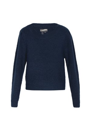Marineblauer Strickpullover mit Rundhalsausschnitt, langen Ärmeln und strukturiertem Rippenmuster. Das Material wirkt weich und gemütlich.