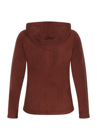 Felpa con cappuccio marrone in pile, con una consistenza morbida, maniche lunghe e orlo arrotondato. Presenta un cappuccio e non ha motivi decorativi o hardware visibili.