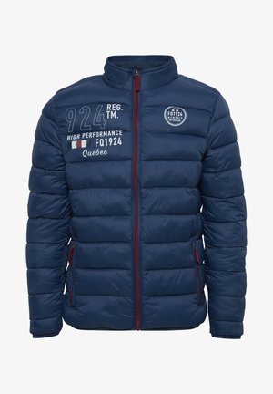 Navy puffer jacket with a high collar, quilted design, zippered front, and side pockets. Features white text and logo accents.