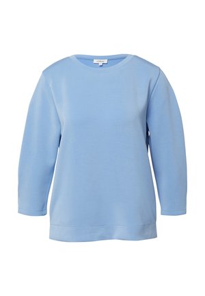 Sweat-shirt à manches longues bleu clair avec encolure ronde et ourlet droit, présenté sur un fond blanc.