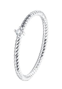 Bague en argent torsadé avec une pierre ronde transparente au centre, présentant une finition lisse et polie ainsi que des détails délicats.