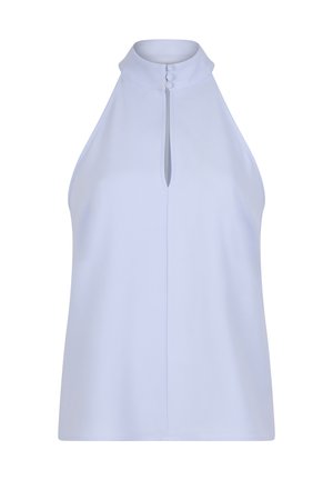 Lichtblauw mouwloos haltertop met hoge kraag en een opening vooraan, voorzien van drie knopen bij de hals en een soepele structuur.