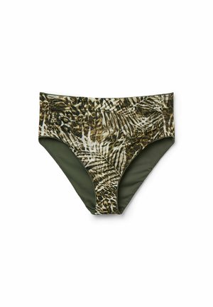Parte inferior de traje de baño con un patrón de animales y hojas en tonos verde y marrón. Textura suave con un corte clásico y una cinturilla ancha.