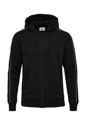 Czarna bluza z kapturem zapinana na zamek, wykonana z bawełnianej mieszanki. Posiada kaptur ze sznurkiem, dwie przednie kieszenie oraz białe paski po bokach rękawów.