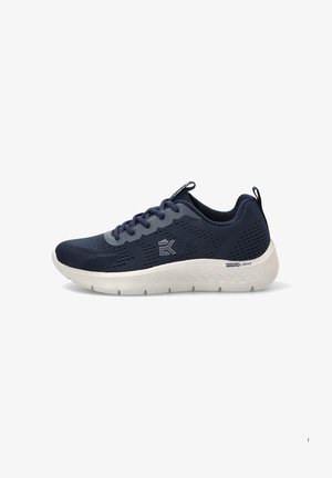 Zapatilla deportiva azul marino con parte superior de malla, suela blanca acolchada con la etiqueta "Hyperlight", cordones y logotipo de la marca en el lado, vista desde el lado exterior.