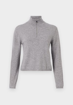 Gray knit sweater with a high collar and front zipper. Features long sleeves and a slightly cropped length. Smooth texture and ribbed hem.