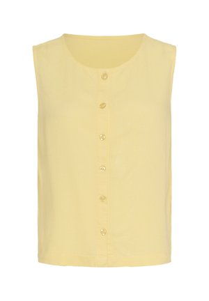 Sleeveless yellow top made of lightweight fabric, featuring a round neckline and a button-down front with clear plastic buttons.