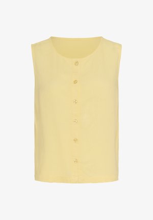 Top giallo senza maniche realizzato in tessuto leggero, con scollatura rotonda e chiusura frontale con bottoni trasparenti in plastica.