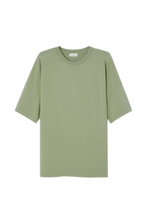 Kortärmad t-shirt med rund halsringning i ljusgrön tyg, med en avslappnad passform och en jämn textur utan synliga mönster eller dekorationer.