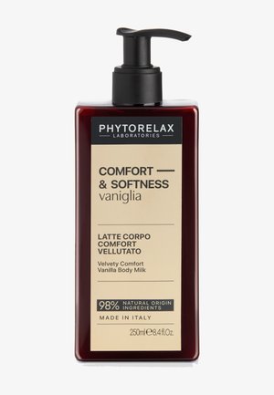Mleczko do ciała Phytorelax o zapachu wanilii w ciemnoczerwonej butelce z pompką, 250 ml, produkowane we Włoszech z 98% składników pochodzenia naturalnego.