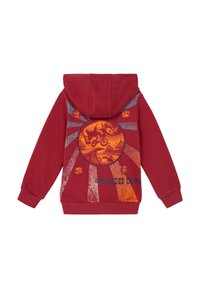 Rode hoodie met een grafisch ontwerp van een oranje neushoorn, een zonnestraal-achtergrond en de tekst "WONDER DOMA" in blauw. Van katoen.