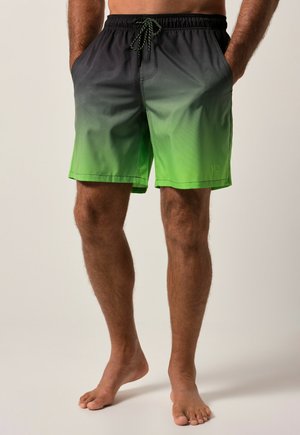 Costumi da bagno da uomo, con un design a gradiente che va dal nero al verde, vita elastica, cordoncino e tasche laterali. Il materiale sembra leggero.