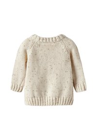Pull en crème tricoté avec une texture mouchetée, col rond et manches longues. Présente des poignets et un ourlet côtelés pour un maintien sûr.